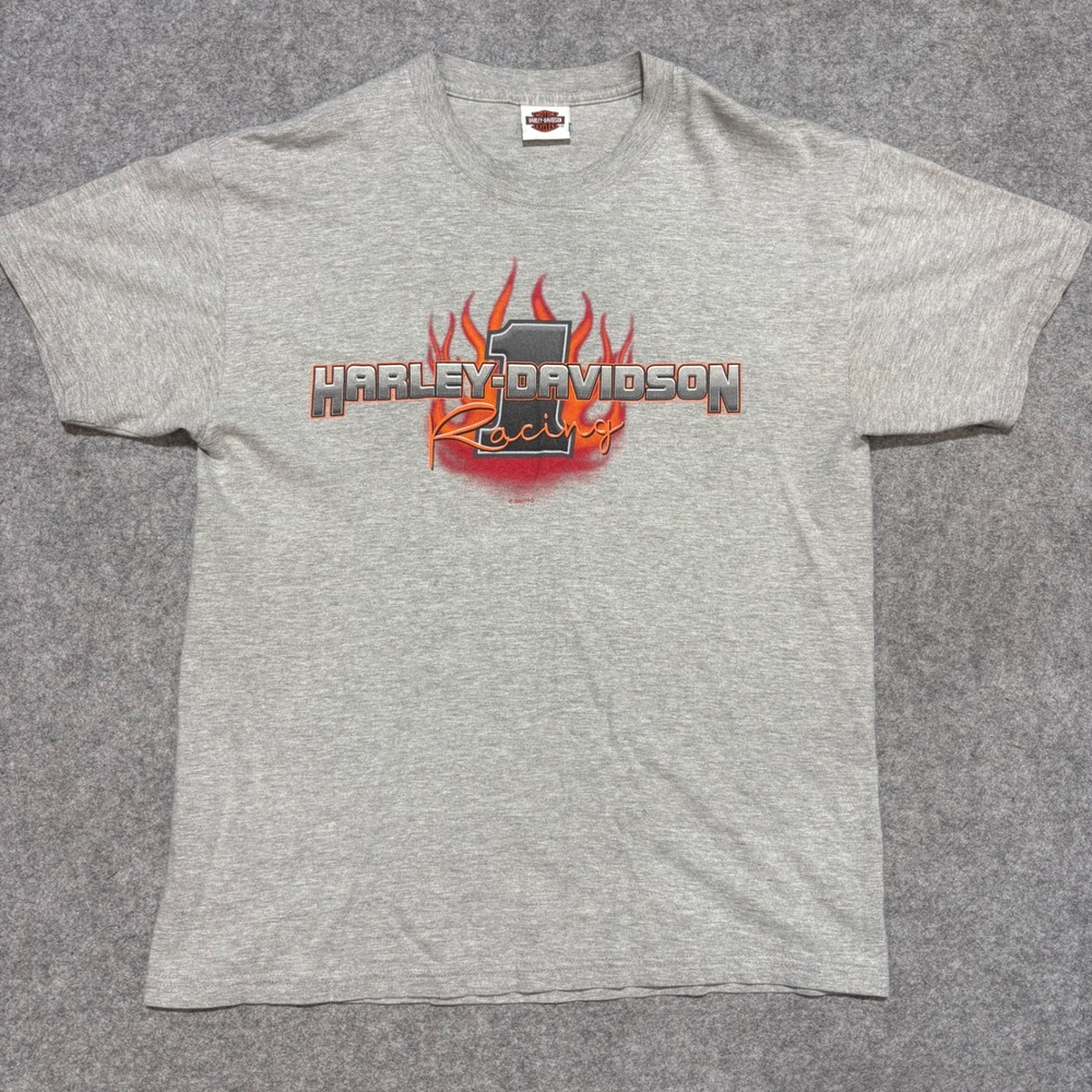 Vintage 2003 Harley Davidson Racing T-Shirt Gray Mens Large Rock Hill SC Flame